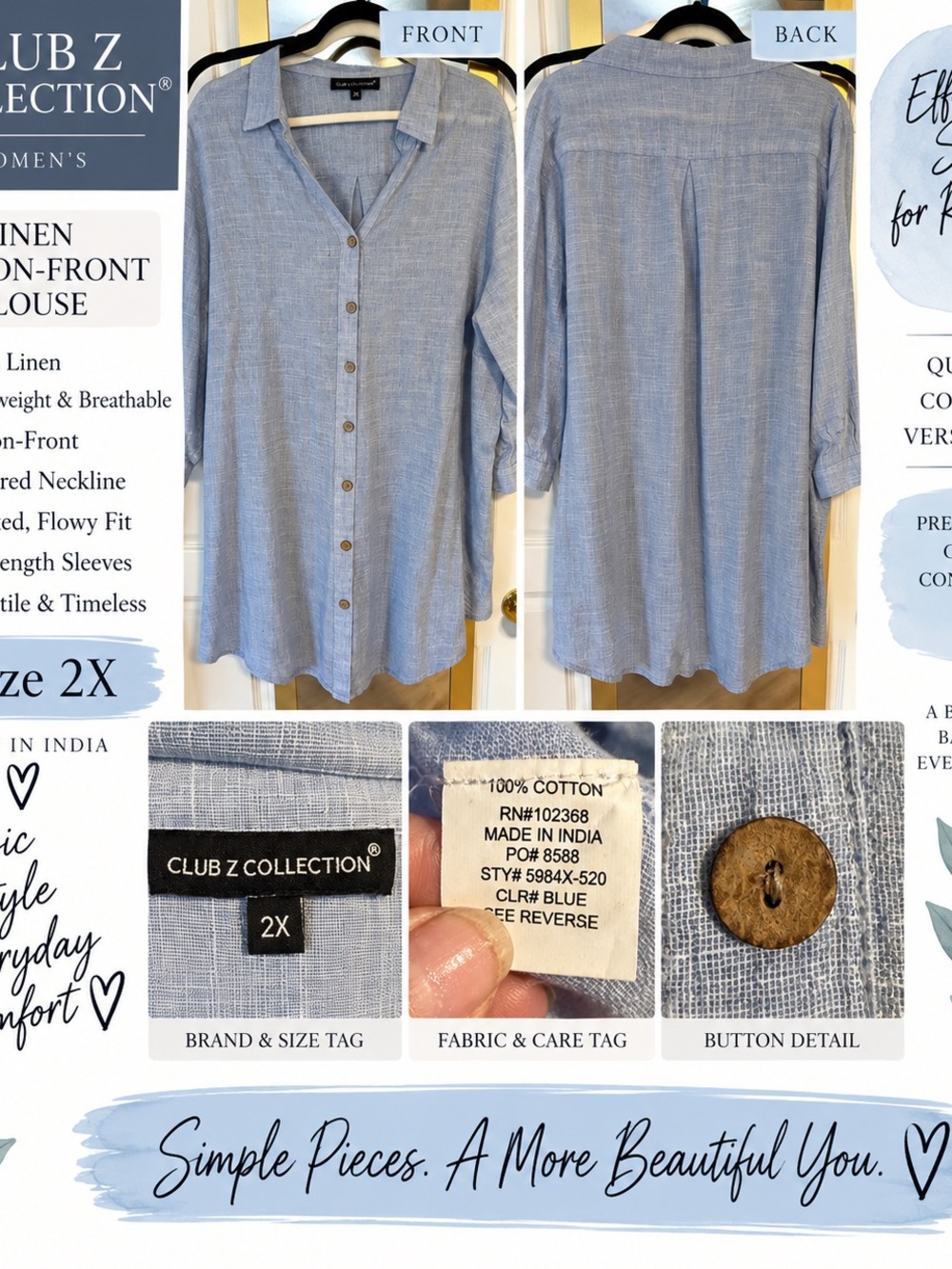 Club Z Collection Light Blue Cotton Button-Front Blouse - 2X